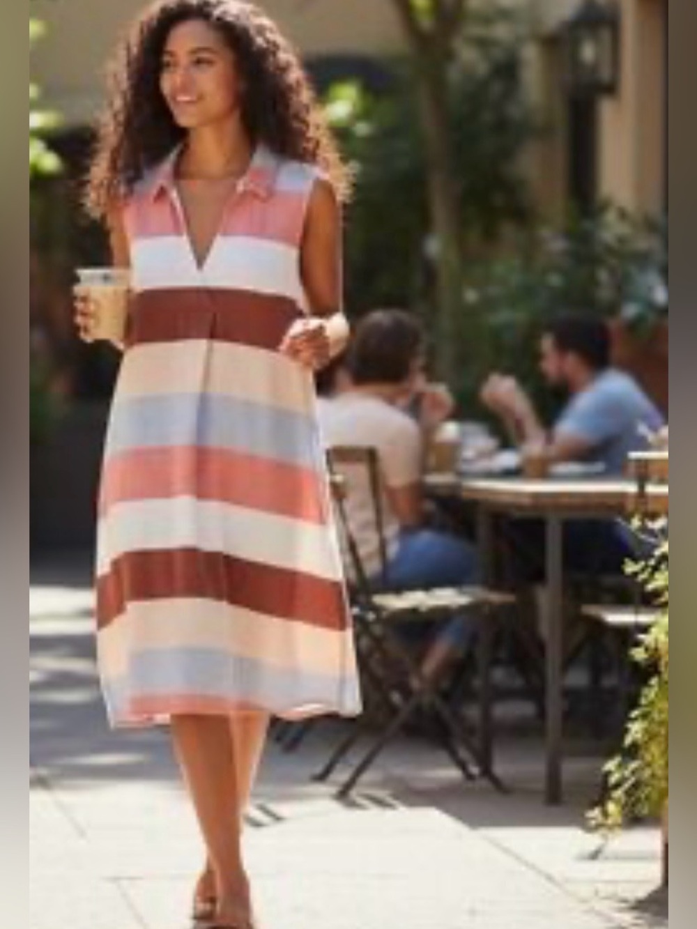 Liz Claiborne|Sleeveless Collared Stripe Midi Shirt Dress in Coral & tan•••16